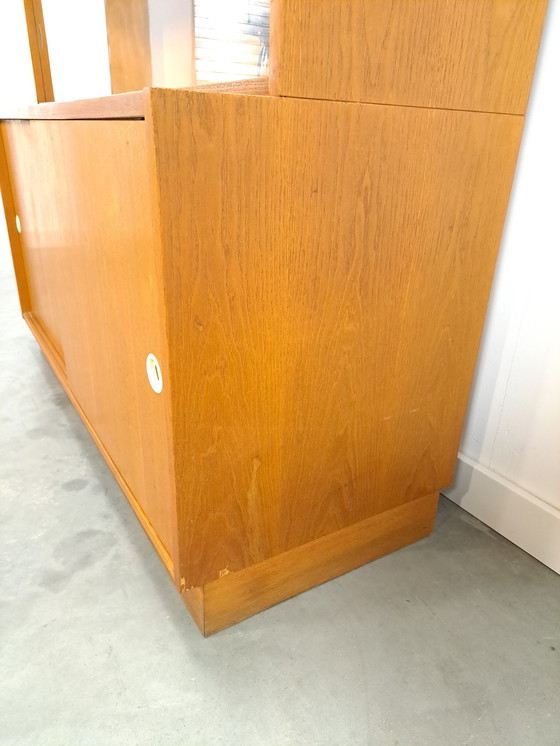 Image 1 of Vintage veneer display cabinet with gray graphic formica doors