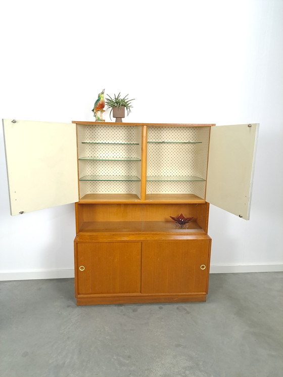 Image 1 of Vintage veneer display cabinet with gray graphic formica doors