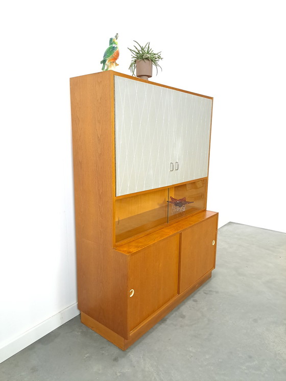 Image 1 of Vintage veneer display cabinet with gray graphic formica doors