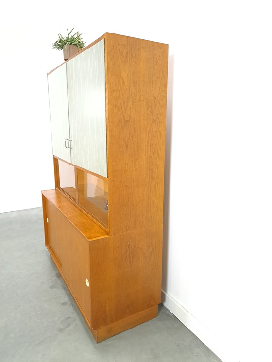 Image 1 of Vintage veneer display cabinet with gray graphic formica doors