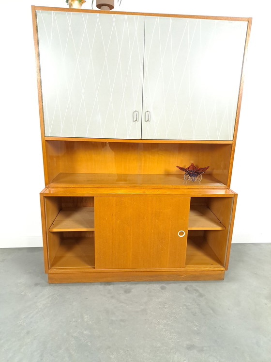 Image 1 of Vintage veneer display cabinet with gray graphic formica doors