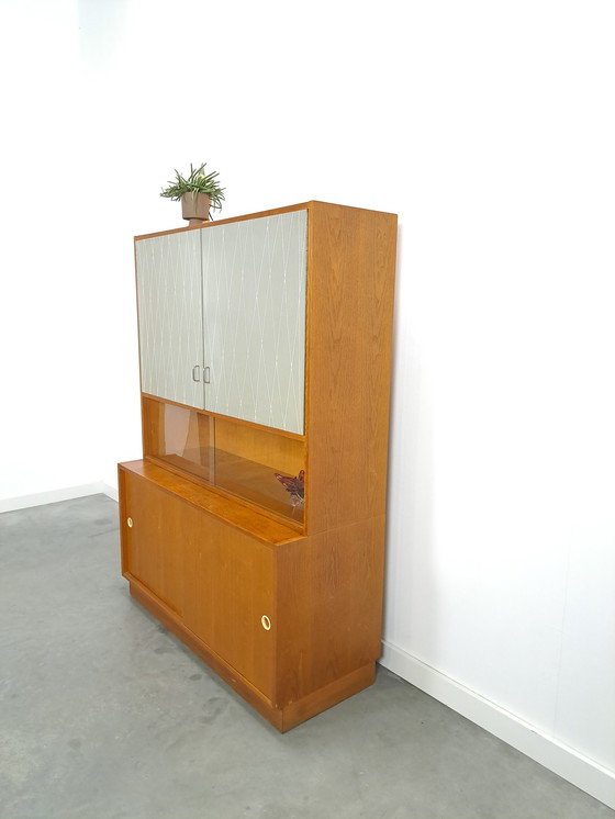 Image 1 of Vintage veneer display cabinet with gray graphic formica doors