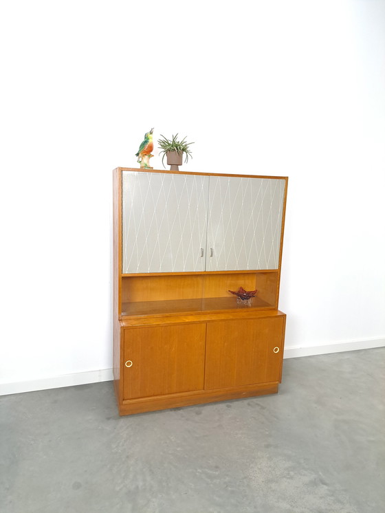 Image 1 of Vintage veneer display cabinet with gray graphic formica doors