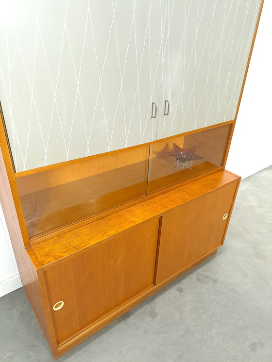 Image 1 of Vintage veneer display cabinet with gray graphic formica doors