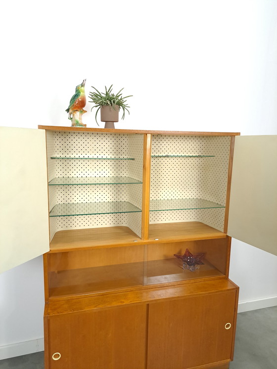 Image 1 of Vintage veneer display cabinet with gray graphic formica doors