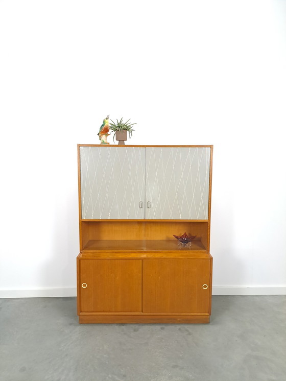 Image 1 of Vintage veneer display cabinet with gray graphic formica doors