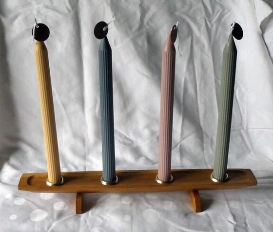 Image 1 of Candle holders, ash wood, Messing, 1960s, with 4 stick candles