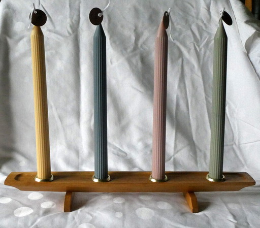 Candle holders, ash wood, Messing, 1960s, with 4 stick candles