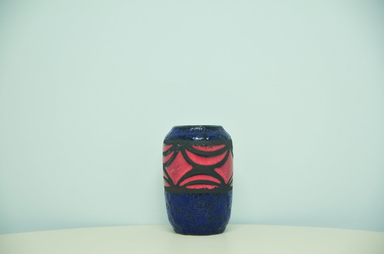 Image 1 of blue & red Fatlava West Germany vase