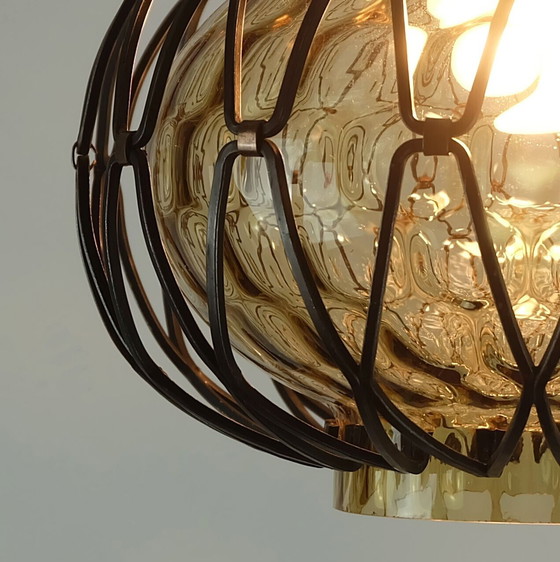 Image 1 of 1960's mid century smoked glass PENDANT LIGHT with metal frame 