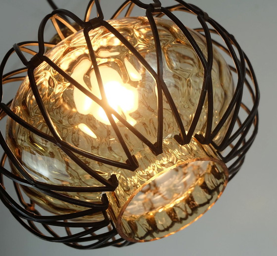 Image 1 of 1960's mid century smoked glass PENDANT LIGHT with metal frame 