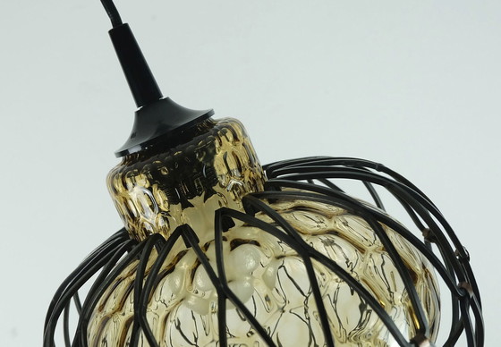 Image 1 of 1960's mid century smoked glass PENDANT LIGHT with metal frame 