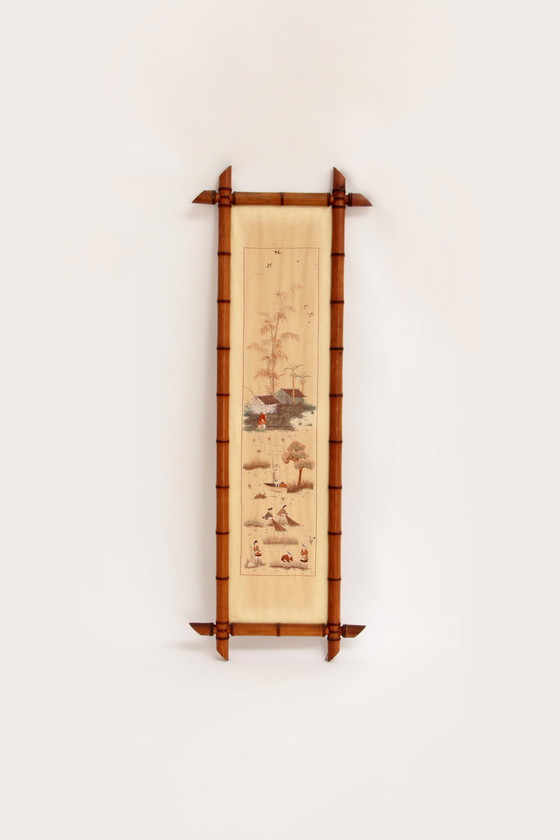 Image 1 of 19th century Chinese Zijde tapestries in Bamboo Frames