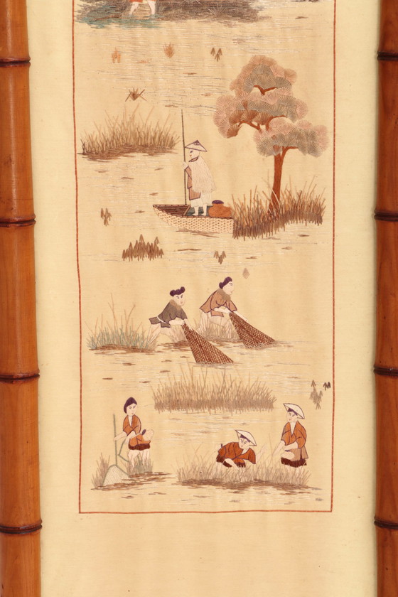 Image 1 of 19th century Chinese Zijde tapestries in Bamboo Frames