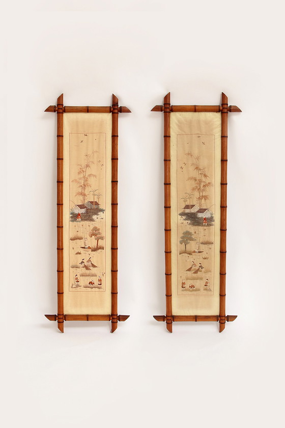 Image 1 of 19th century Chinese Zijde tapestries in Bamboo Frames