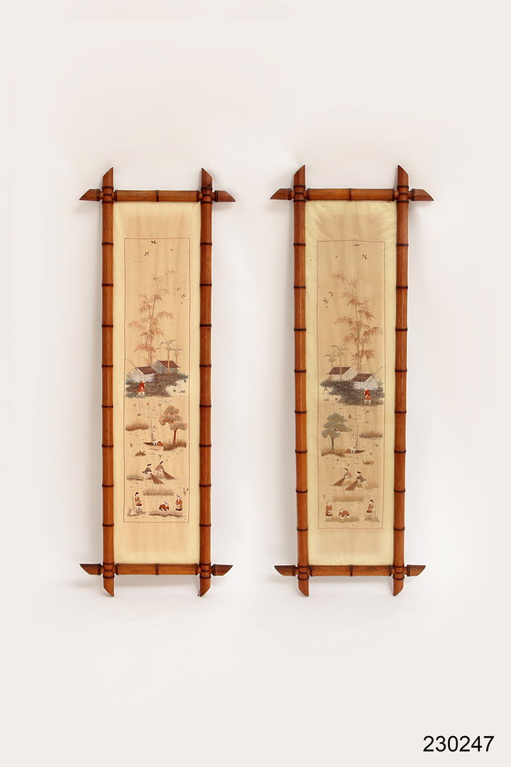 Image 1 of 19th century Chinese Zijde tapestries in Bamboo Frames