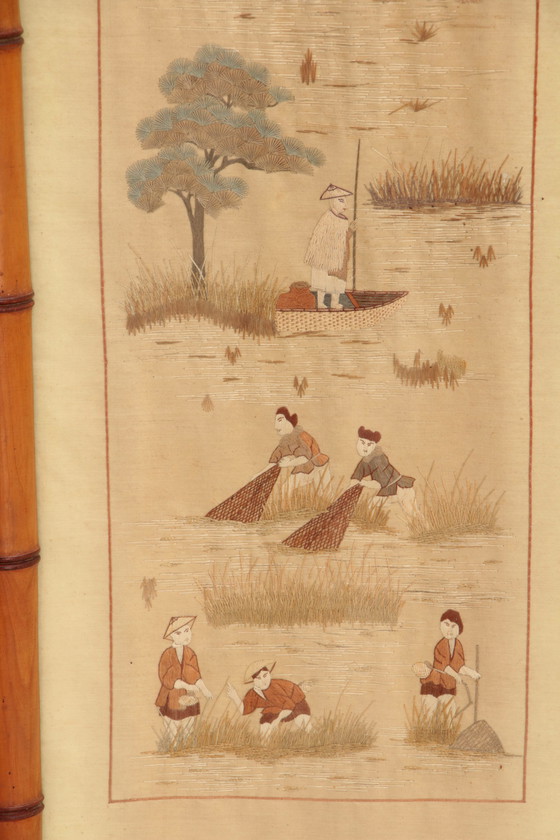 Image 1 of 19th century Chinese Zijde tapestries in Bamboo Frames