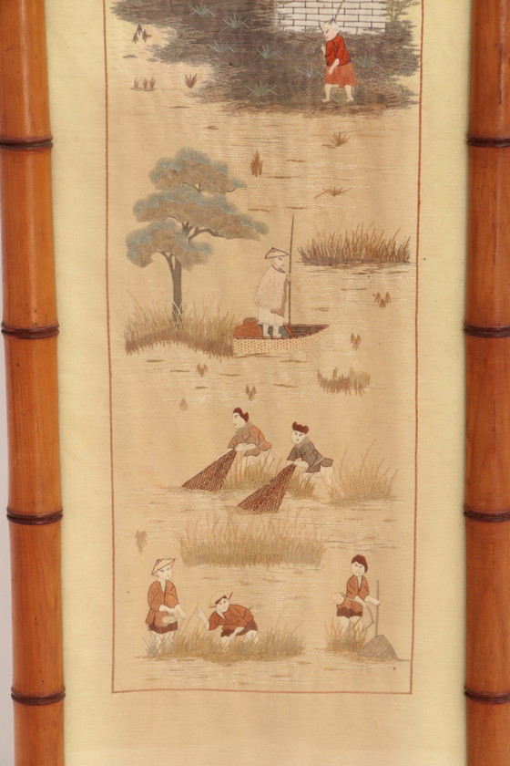 Image 1 of 19th century Chinese Zijde tapestries in Bamboo Frames