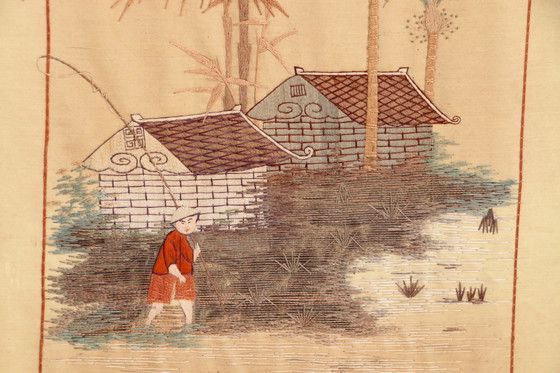 Image 1 of 19th century Chinese Zijde tapestries in Bamboo Frames