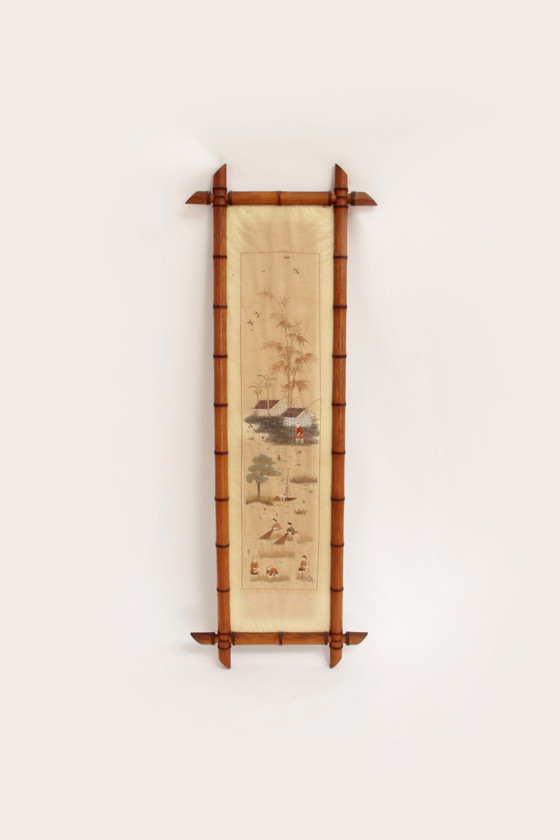 Image 1 of 19th century Chinese Zijde tapestries in Bamboo Frames