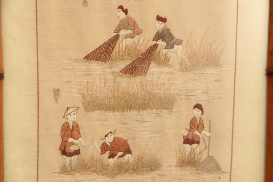 Image 1 of 19th century Chinese Zijde tapestries in Bamboo Frames