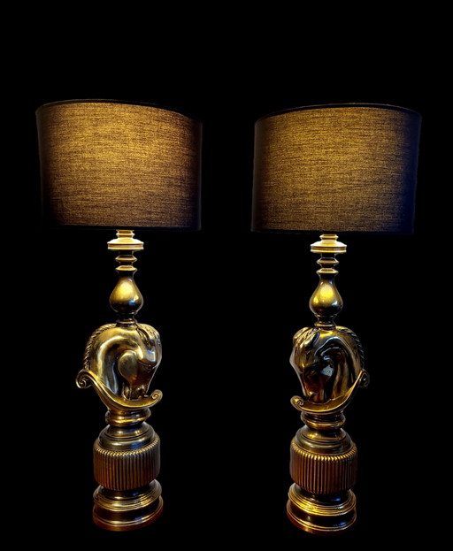 Hollywood regency set of large table lamps, Horse Head design, Deknudt, Belgium, 1970s