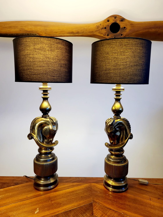 Image 1 of Hollywood regency set of large table lamps, Horse Head design, Deknudt, Belgium, 1970s