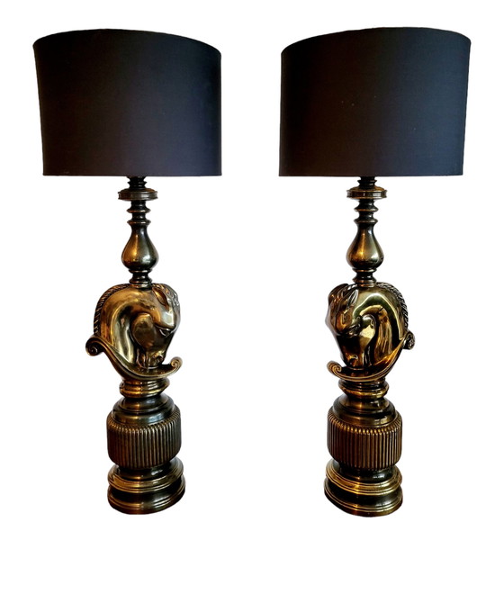 Image 1 of Hollywood regency set of large table lamps, Horse Head design, Deknudt, Belgium, 1970s