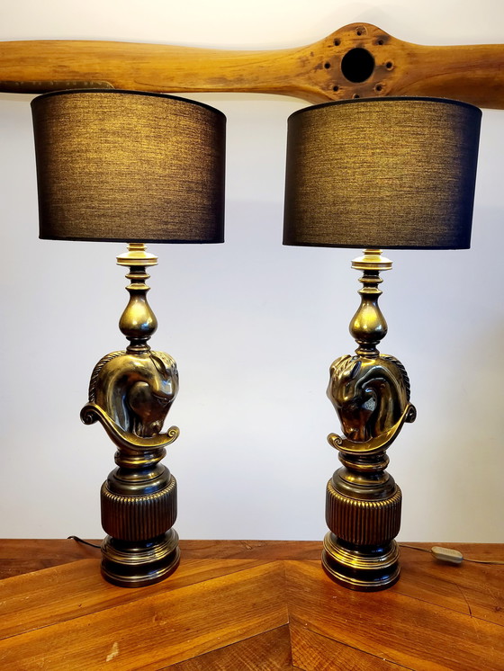 Image 1 of Hollywood regency set of large table lamps, Horse Head design, Deknudt, Belgium, 1970s