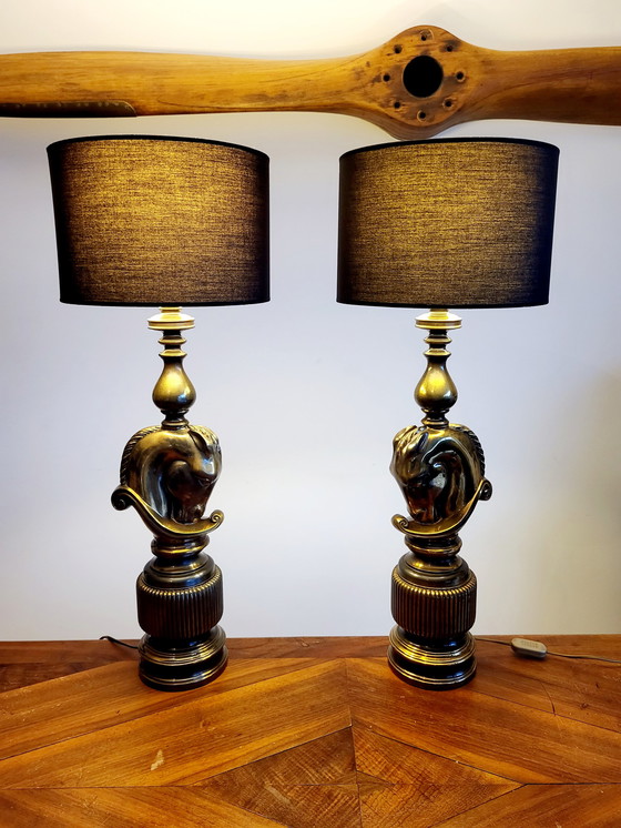 Image 1 of Hollywood regency set of large table lamps, Horse Head design, Deknudt, Belgium, 1970s