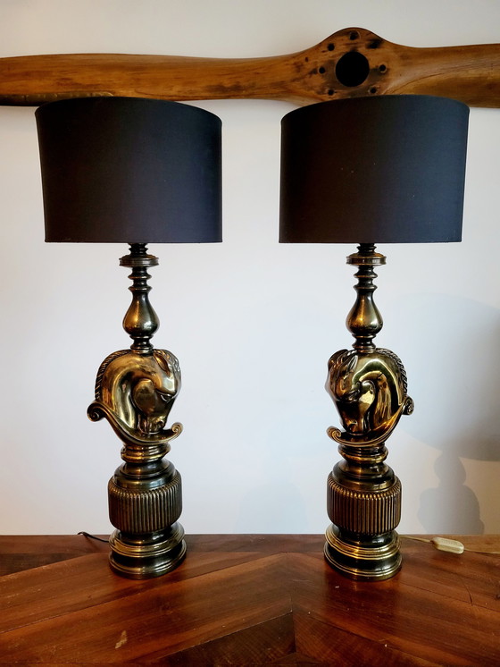 Image 1 of Hollywood regency set of large table lamps, Horse Head design, Deknudt, Belgium, 1970s