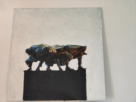 Image 1 of Hans Leijerzapf "Haastige drieling op groen" olieschilderij