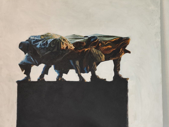 Image 1 of Hans Leijerzapf "Haastige drieling op groen" olieschilderij