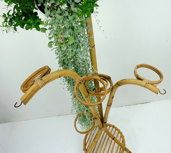 Image 1 of large mid century plant stand bamboo rattan 1950s hawaii tiki