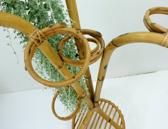 Image 1 of large mid century plant stand bamboo rattan 1950s hawaii tiki