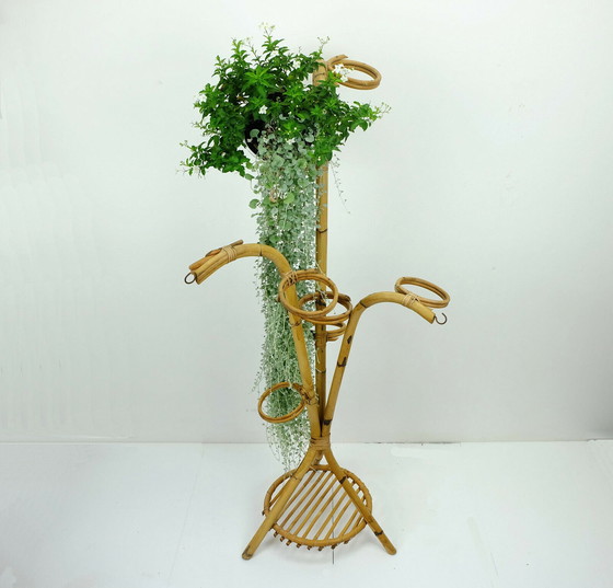 Image 1 of large mid century plant stand bamboo rattan 1950s hawaii tiki