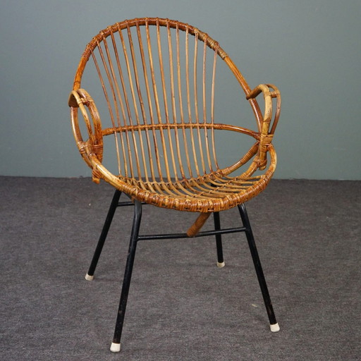 Dark rattan armchair with armrests, Dutch Design Style, 1960