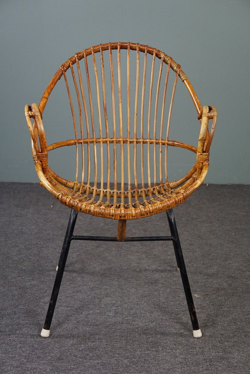 Dark rattan armchair with armrests, Dutch Design Style, 1960