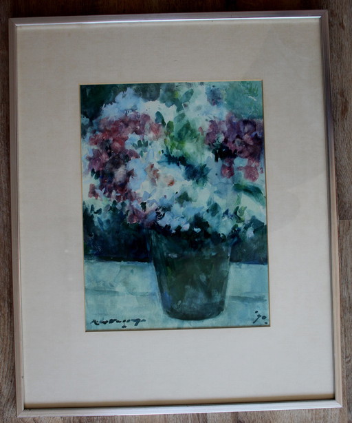 Kees Verwey - Framed watercolour: "Phloxes" - 1990 (very good provenance!)