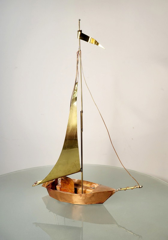 Image 1 of Artwork sailing boat, Daniel D'Haeseleer, Hollywood Regency style, Copper and brass, 1970s, Belgium