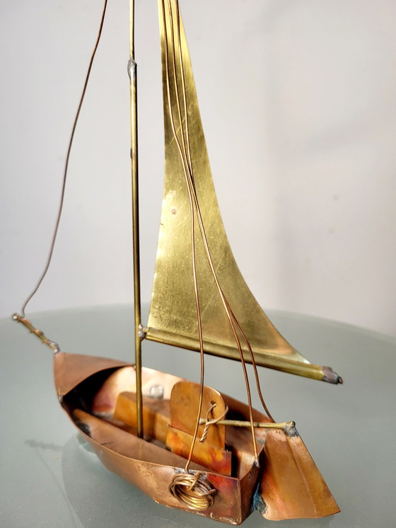 Image 1 of Artwork sailing boat, Daniel D'Haeseleer, Hollywood Regency style, Copper and brass, 1970s, Belgium