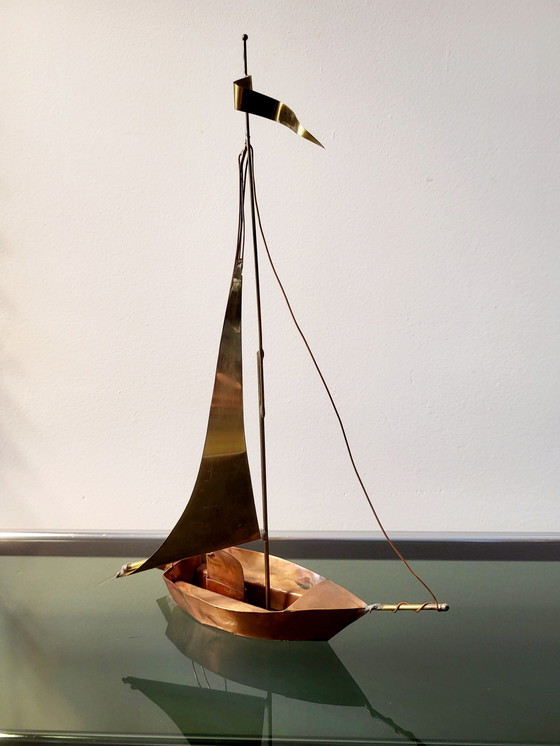 Image 1 of Artwork sailing boat, Daniel D'Haeseleer, Hollywood Regency style, Copper and brass, 1970s, Belgium