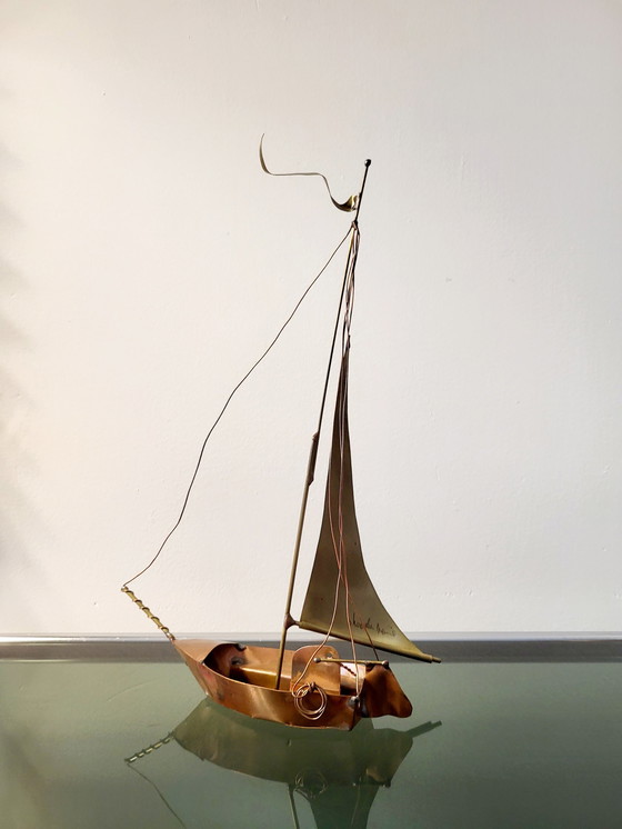 Image 1 of Artwork sailing boat, Daniel D'Haeseleer, Hollywood Regency style, Copper and brass, 1970s, Belgium