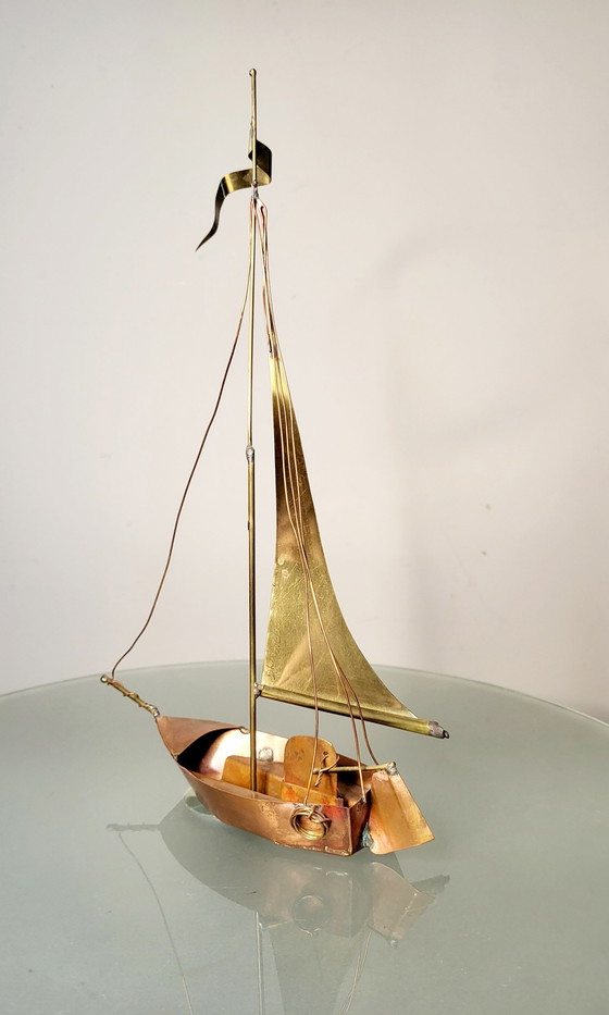 Image 1 of Artwork sailing boat, Daniel D'Haeseleer, Hollywood Regency style, Copper and brass, 1970s, Belgium