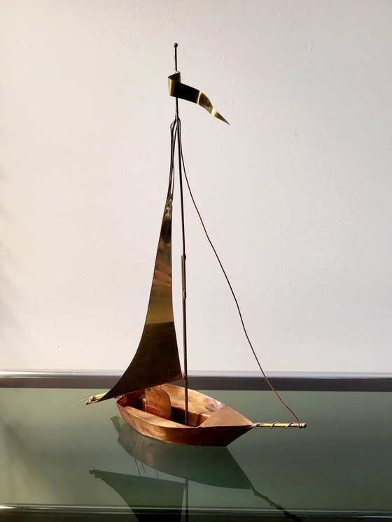 Image 1 of Artwork sailing boat, Daniel D'Haeseleer, Hollywood Regency style, Copper and brass, 1970s, Belgium