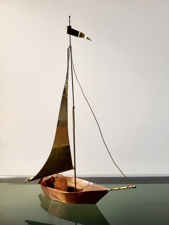 Image 1 of Artwork sailing boat, Daniel D'Haeseleer, Hollywood Regency style, Copper and brass, 1970s, Belgium