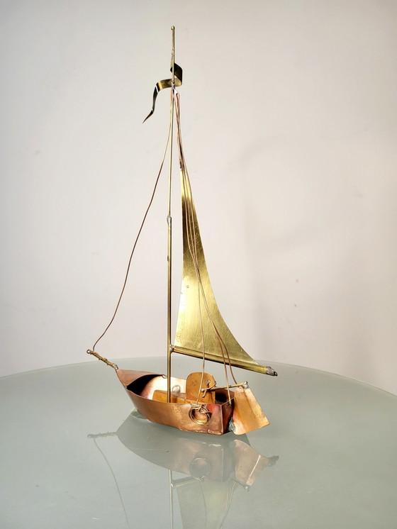 Image 1 of Artwork sailing boat, Daniel D'Haeseleer, Hollywood Regency style, Copper and brass, 1970s, Belgium