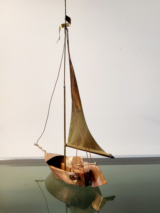 Image 1 of Artwork sailing boat, Daniel D'Haeseleer, Hollywood Regency style, Copper and brass, 1970s, Belgium