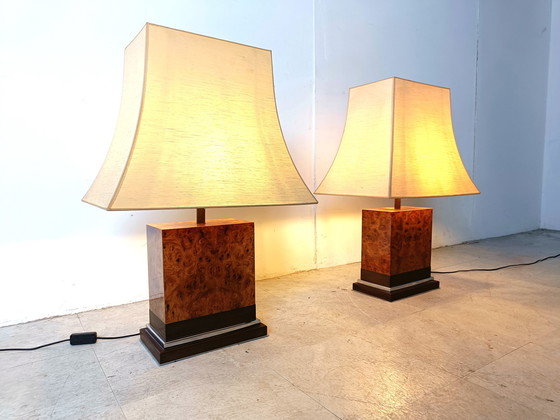 Image 1 of 2x Jean Claude Mahey burl wooden table lamp