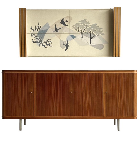 Image 1 of Credenza vintage e pezzo d'arte decorativa abbinato della nave da crociera "SS Rotterdam"